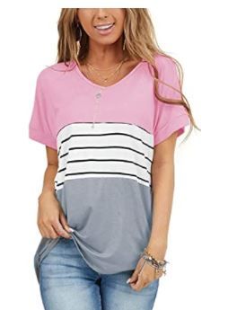 Photo 1 of Esobo Womens Short Sleeve Color Block T Shirts Sexy V Neck Tshirts Casual Loose Striped Tops
-- size m 