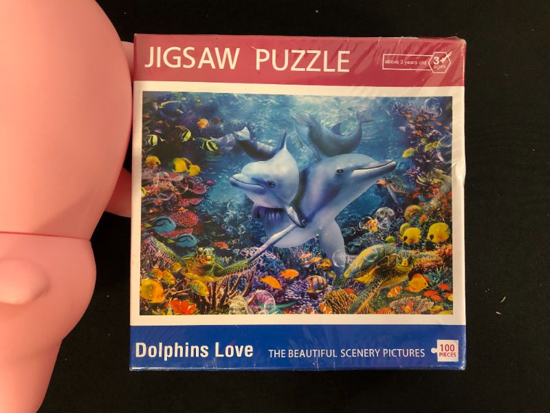 Photo 3 of 100 piece dolphin jigsaw puzzle, and one piggy bank