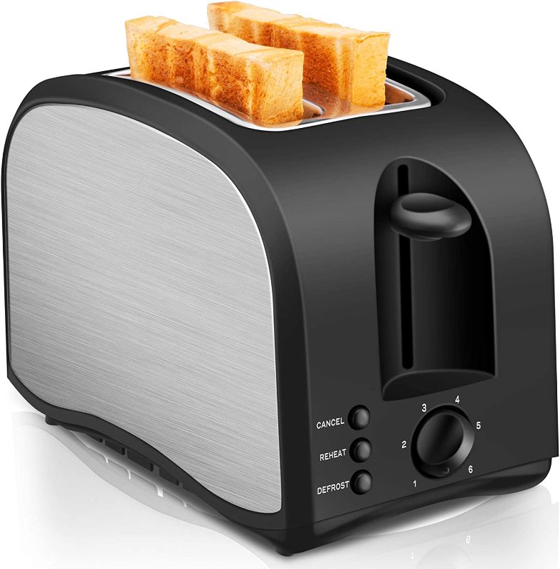 Photo 1 of 2 Slice Toaster CUSINAID Black Wide Slot Toaster 2 Slice Best Rated Prime with Pop Up Reheat Defrost Functions, 6-Shade Control, Removable Crumb Tray
