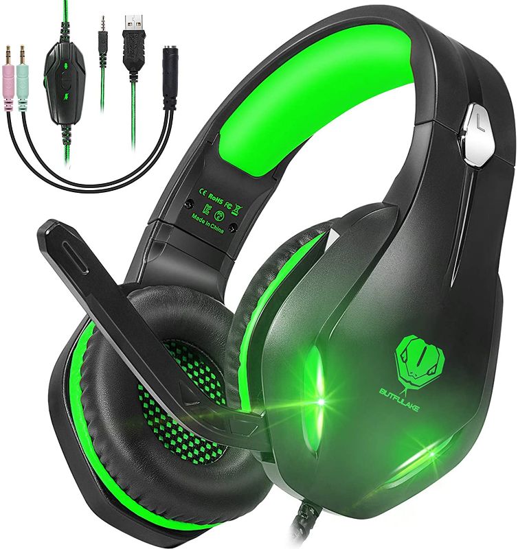 Photo 1 of GH-2 Stereo Gaming Headset with Microphone for PS4,PS5,Nintendo Switch,Laptops,PC,Phones, 50mm Drivers, Noise Cancelling Over Ear Headphone with Mic & LED Light, 3.5mm Audio Jacks (Green)
