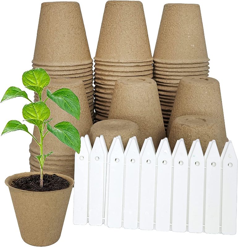 Photo 1 of 100 Pack 3" Pots + 10 Plant Tags Small Peat Pots Round Paper Pulp Pots for Seedlings, Flowers, Vegetables|Eco-Friendly & Biodegradable peat Pot, 3 inch peat pots, Seed Starter
