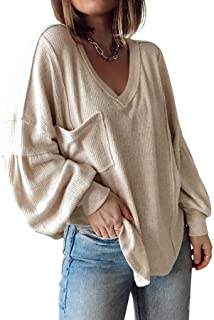 Photo 1 of BTFBM Women's Casual V Neck Ribbed Knitted Shirts Pullover Tunic Tops Loose Balloon Sleeve Solid Color Blouses Top L