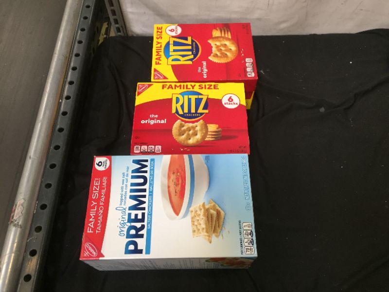 Photo 1 of 2 family size ritz(expires 20/Oct/2021) boxes and 1 family size premium saltine crackers(expired 19/oct/2021)