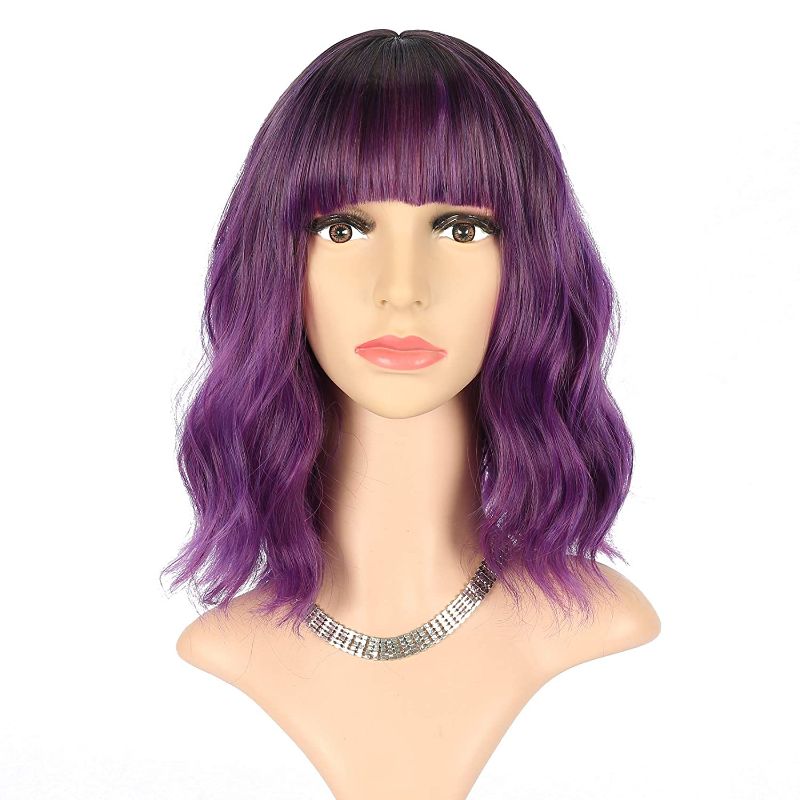 Photo 1 of FAELBATY Purple Wig With Bangs Short Bob Synthetic Cosplay Wig for women Costume Wigs (12" Ombre Dark Purple Color )