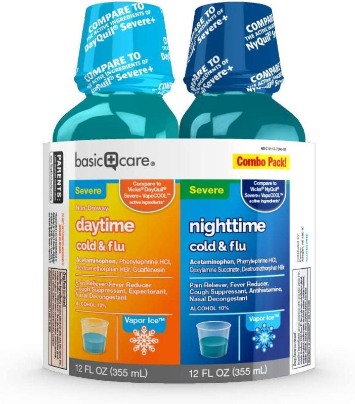 Photo 1 of 
Roll over image to zoom in
Amazon Basic Care Vapor Ice Daytime & Nighttime Cold & Flu Relief, temporarily relieves common cold and flu symptoms like sore throat and cough, 24 Fluid Ounces
EXPIRE BY: 10/2021