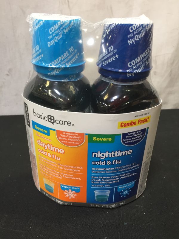 Photo 2 of 
Roll over image to zoom in
Amazon Basic Care Vapor Ice Daytime & Nighttime Cold & Flu Relief, temporarily relieves common cold and flu symptoms like sore throat and cough, 24 Fluid Ounces
EXPIRE BY: 10/2021