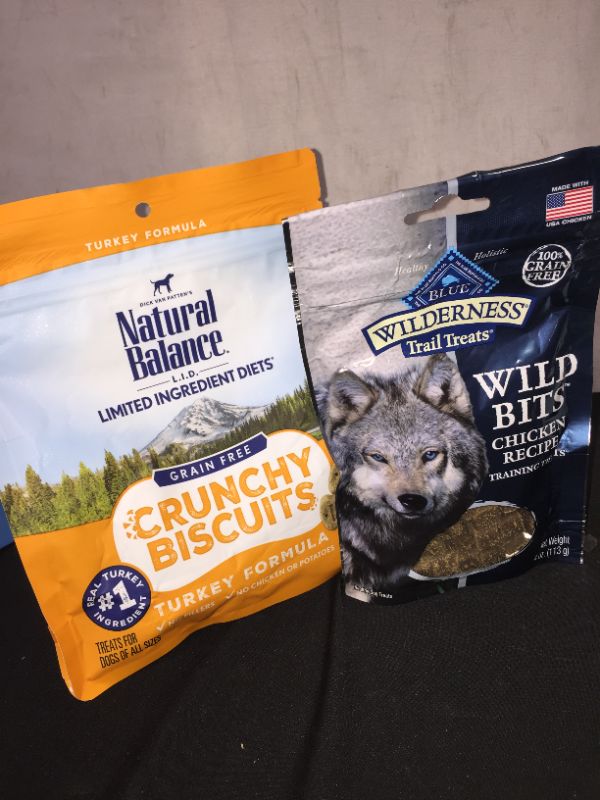 Photo 3 of Blue Buffalo Wilderness 100% Grain-Free Wild Bits Chicken Recipe Dog Treats - 4oz Best by 10/17/2021
and natural balance crunchy biscuits best by 06/05/2021