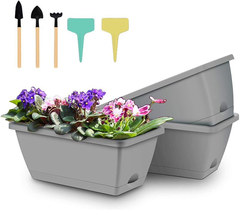 Photo 1 of 3 Packs Window Box Planter, 14 inches Plastic Flower Vegetable Planter Boxes with Plant Label & Garden Tools, Rectangle Planter for Windowsill, Patio, Garden, Indoor Outdoor (Grey)
