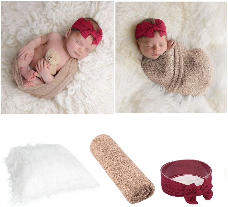 Photo 1 of 3Pcs Infant Newborn Photography Props, Jasen DIY Faux Fur Nursery Swaddling Blankets & Toddler Wraps with Headband Set (White- Gardenia)
