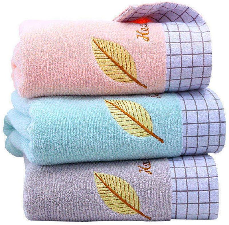 Photo 1 of Cotton Hand Towels, 3 Pack Thick Face Towel Set Embroidered Gold Leaf Design, Super Soft and Highly Absorbent Hand Towel for Bathroom Hotel Spa, 13in x 29in (Blue+Pink+Grey)
