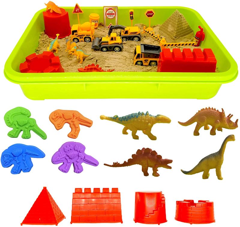 Photo 1 of BEBEKULA 32 Pcs Construction Dinosaur Sand Set, Play Sand Toys for Kids, Sand Set with 3lbs Sand, Dinosaur Figures, Dinosaur Molds for Kids Age 3+
