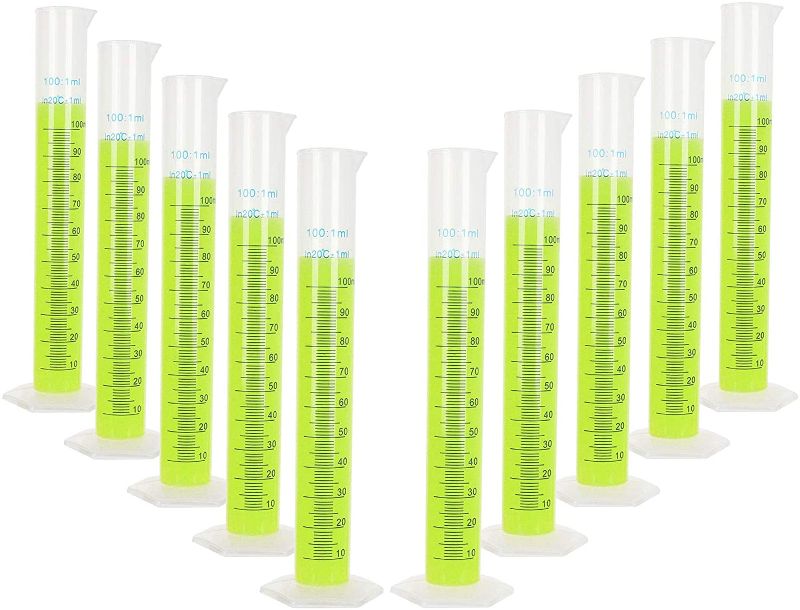 Photo 1 of 100ml Graduated Cylinder Beaker 10 Pack Plastic Transparent Graduated Cylinder 2-Sided Measuring Lines Science Measuring Test Tube Flask for Lab Household