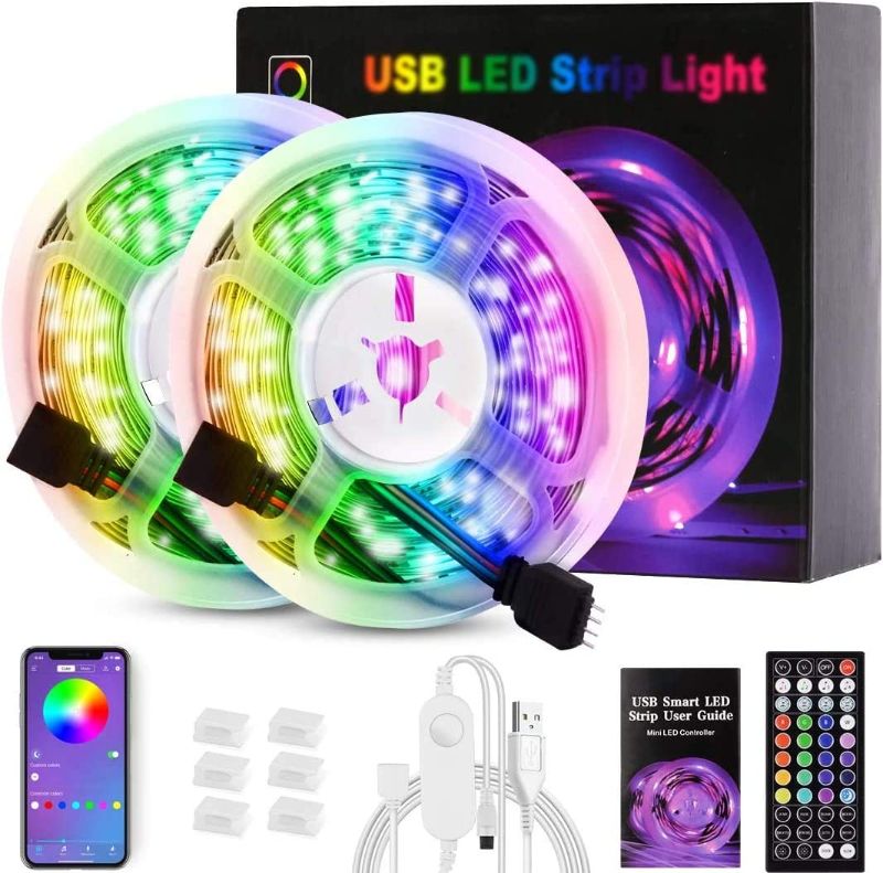 Photo 1 of 32.8ft/10m RGB Led Strip Lights, Music Sync Color Changing USB Lighting Strips Controlled Via Bluetooth APP & IR Remote 44 Keys, with 180 5050 RGB LED Strip Lights for Bedroom, TV
