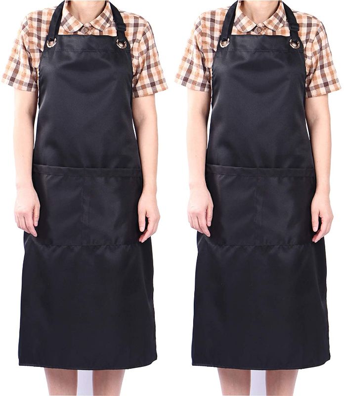 Photo 1 of Adjustable Black Bib Apron Waterdrop Resistant with 2 Pockets Cooking Kitchen Aprons (2)
