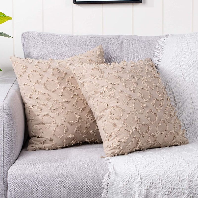 Photo 1 of YAERTUN Set of 2 Decorative Boho Throw Pillow Covers Cotton Linen Cushion Case Pillowcase for Sofa Couch Living Room Bedroom 20x20 Inches Khaki
