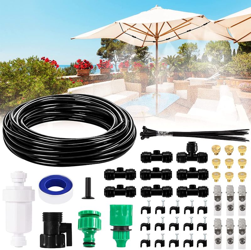 Photo 1 of 26.2FT Outdoor Mist Cooling System Fan Misting Kit Irrigation Animal Plants Swimming Pool Cooler with 1/4inch Tube Hose Pipe 7 Brass Metal Nozzles Jets Misters for Patio Garden Home
