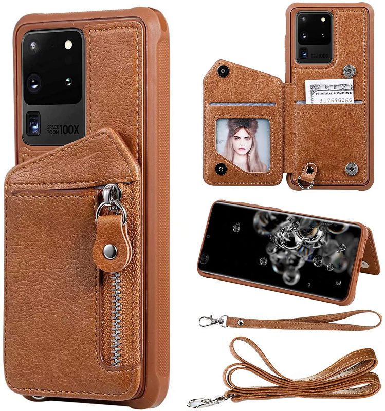 Photo 1 of Brown Samsung Galaxy S20 Ultra Wallet Leather Case with Card Holder Coins Wrist Strap Kickstand Magnet Absorption Soft TPU Full-Body Protective Samsung Galaxy S20 Ultra Cover 6.7 inch
