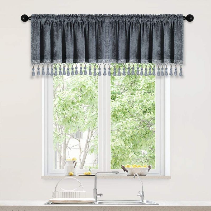 Photo 1 of Double-Sided Chenille Window Curtains Tier for Kitchen Grey Curtain Valance for Living Room,Pack of 2 (Grey, 52" W x 18" L)
