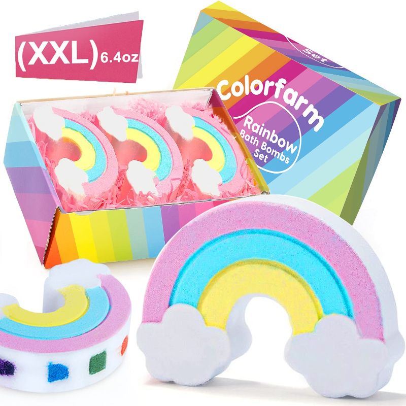 Photo 1 of 2 PACK - Real Rainbow Bath Bomb Set-Colorfarm 3pcs XXL Bath Bombs for Kids with Fizzy Rainbow Bubbles&Natural Ingredients for Girls,Women Kids Relaxing Bath Bombs Idea for Birthday Gift
