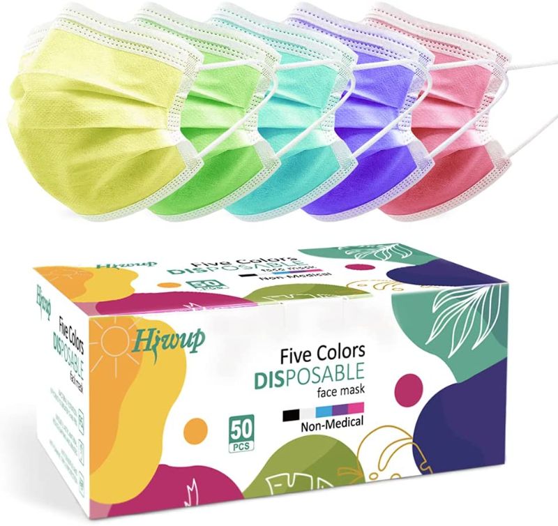 Photo 1 of HIWUP Disposable Face Masks Suitable For Adults And Teens Multicolor Face Mask Masks for Women and Men 3 Layer Colored Pack of 50
