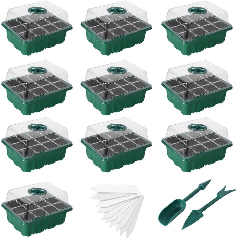 Photo 1 of 10-Pack Seed Starter Trays Seedling Tray (12 Cells per Tray), Humidity Adjustable Plant Starting Kit with Dome and Base Greenhouse Grow Trays, Mini Propagator for Seeds Growing Starting, Green
