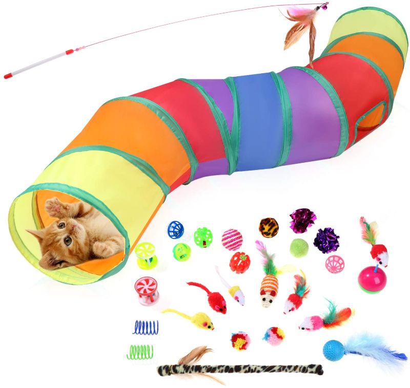 Photo 1 of FOVIUPET 27 PCS Cat Toys Kitten Toys Assortments,Catnip Toy Set,Collapsible 2 Way Tunnel,Catnip Fish,Puppy,Cat Feather Teaser,Kitty,Mice,Colorful Balls and Bells for Cat,Cat Interactive Toys
