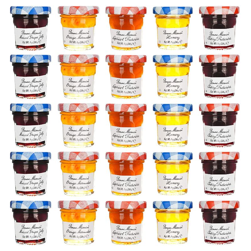 Photo 1 of Bonne Maman Jam Assorted - 30 jelly jars x 1 ounce - 5 Apricot, 5 Orange, 5 Cherry, 5 Honey, 5 Grape, 5 Blueberry  exp date 01-2022