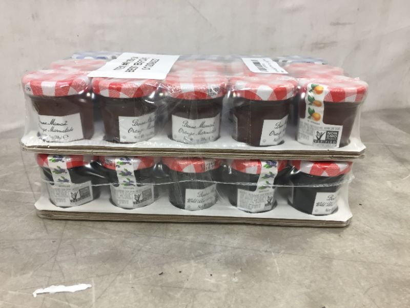 Photo 1 of Bonne Maman Jam Assorted - 30 jelly jars x 1 ounce - 5 Apricot, 5 Orange, 5 Cherry, 5 Honey, 5 Grape, 5 Blueberry  exp date 01-2022
