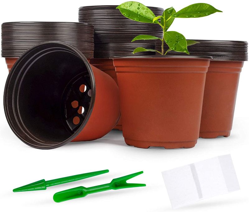 Photo 1 of 100 Pcs 6 Inch Plastic Nursery Pots with 100 Pcs Planting Tags and 2 Pcs Mini Garden Tools Seed Starting Pots for Succulents, Seedlings, Cuttings, Transplanting, Brown
