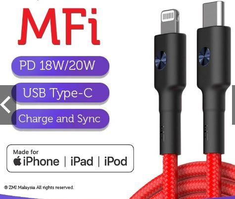 Photo 1 of ZMI Apple MFI Certified USB Type-C to Lightning 18W/20W Nylon PP Braided Sleeve Cable Type-C to Lightning PD
