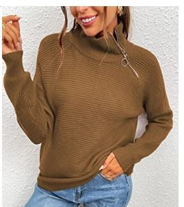 Photo 1 of BTFBM Women Casual Long Sleeve Turtleneck Sweaters Oblique Quarter Zip Solid Color Cute Knit Ribbed Fall Winter Pullover
