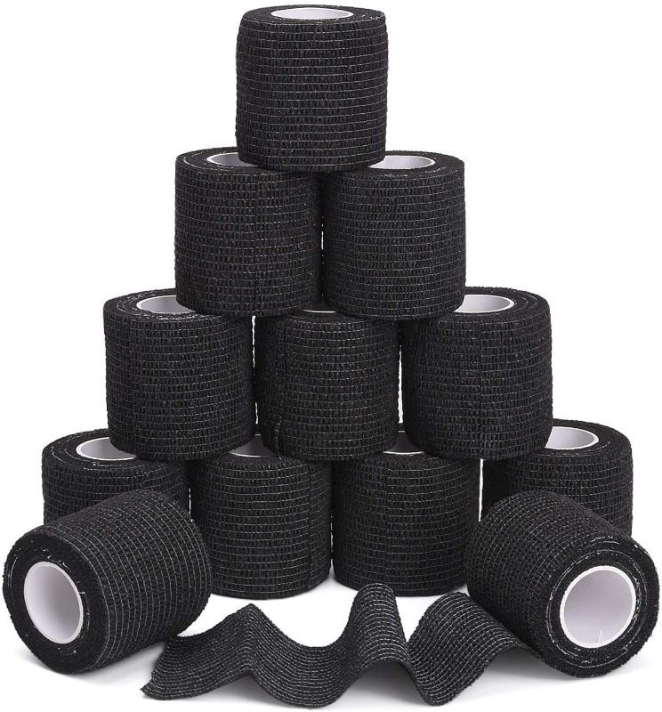 Photo 2 of .TOBWOLF 12PCS Self Adherent Bandage Cohesive Tape Roll, 2"x5yd / 5cmx4.5m First Aid Bandages, Stretch Athletic Vet Wrap for Sports Wrist Ankle Sprain Swelling - Black
