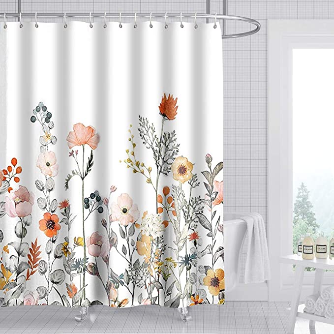 Photo 1 of ZeplaAnn Floral Shower Curtain, Watercolor Flowers Fabric Bathroom Curtains Set with Hooks Wildflower Botanical Leaves Decorative Pattern Machine Washable 72" X 72"