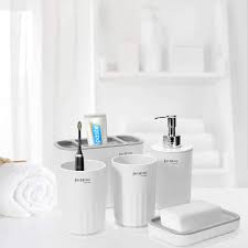 Photo 1 of  8 Pcs Plastic Bathroom Accessories Set Modern Bath Accessories Gift Set Toothbrush Holder, Toothbrush Cup, Soap Dispenser, Soap Dish, Toilet Brush Holder, Tissue Box, Trash Can (White) 