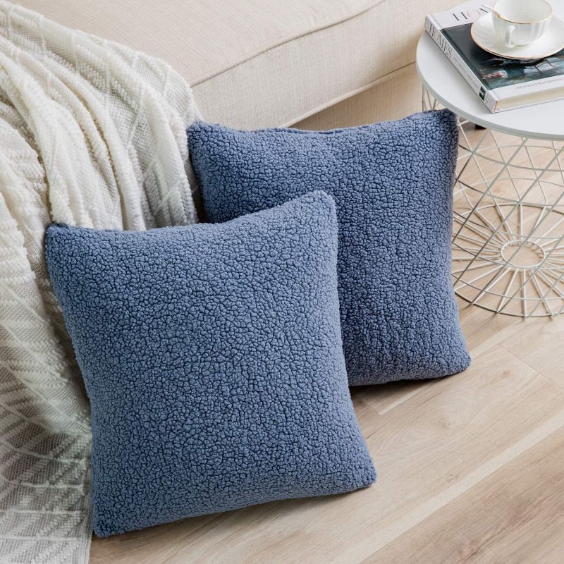 Photo 1 of Anickal Set of 2 Grey Blue Decorative Luxury Faux Curly Wool Fur Pillow Covers 20x20 Inch Soft Wool Square Throw Pillow Cases Cushion Covers for Sofa Couch Bedroom Living Room Home Decoration
