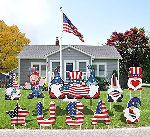 Photo 1 of 10pack 4th of July Memorial Day Decorations Outdoor,Patriotic Gnome USA Veterans Day Yard Sign with Stakes,Outdoor Lawn Independence Day Decorations
