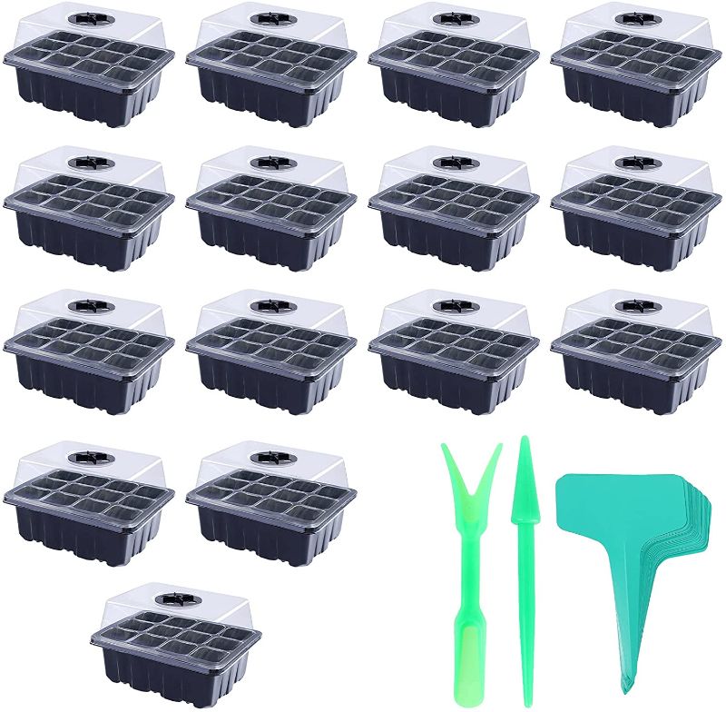 Photo 1 of 15PCS SEEDING TRAY HUMIDITY ADJUSTABLE PLANT 12 CELLS SEED STARTER TRAY WITH DOME AND BASE GREENHOUSE GROW TRAYS FOR SEEDS GERMINATION GROWING STARTING 20PCS PLANT LABELS