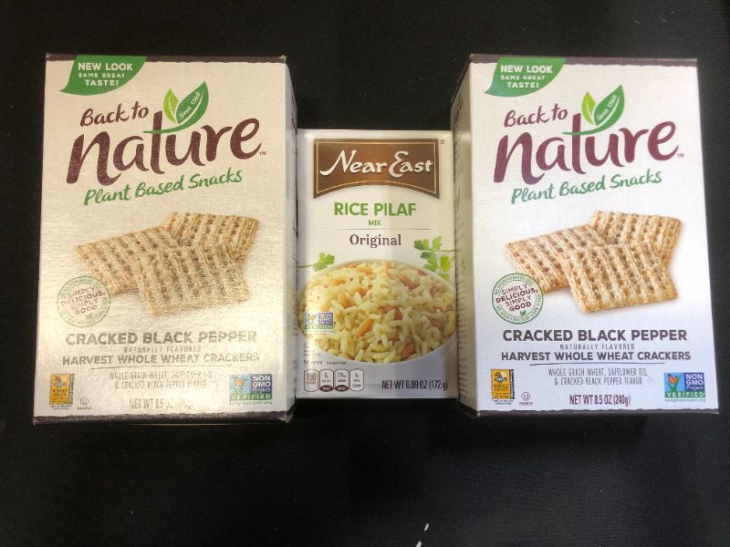 Photo 1 of 2PK Back to Nature Cracked Black Pepper Harvest Whole Wheat Crackers 8.5 oz. Box, Size: 8.5 oz EXP 7/2021 AND Near East Rice Pilaf Mix, Original, 6.09 oz Box EXP12/2021
