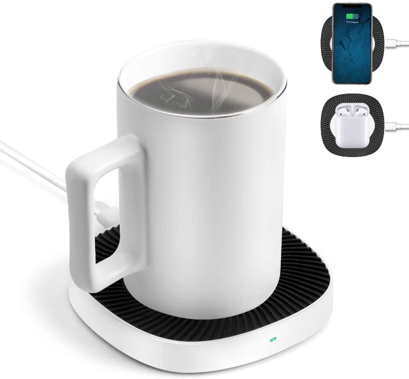 Photo 1 of BiQeouc 2 in 1 Mug Warmer with Wireless Charger, 131? / 55? Constant Heating, 15W Qi Charging Pad for iPhone 11/11 Pro/11 Pro Max, Galaxy Note 10/10+, S10/S10+, AirPods FACTORY SEALED