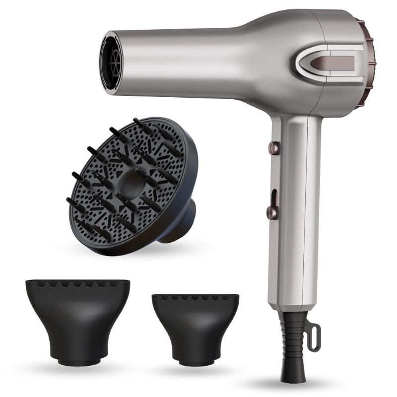 Photo 2 of Professional Salon Ionic Hair Dryer, 1875W Negative Ion BLOW Dryer With Diffuser and 2 Concentrated Nozzle Attachment, Silver Gray
