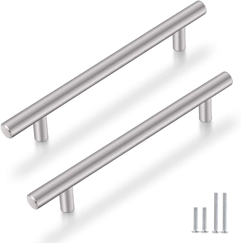 Photo 1 of (25 Pack) Probrico Solid Stainless Steel Modern Euro Style Cabinet Pulls Dresser Drawer Handles Satin Nickel 7-9/16" Hole Center T Bar Kitchen Cupboard Handles 10" Overall Length Furniture Hardware