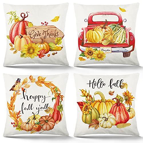 Photo 1 of  YGEOMER Fall Pillow Covers 18x18 Inch Set of 4 Harvest Pumpkins Leaves Pillow Covers Holiday Rustic Linen Pillow Case for Sofa Farmhouse Thanksgiving Decorations Throw Pillow Covers