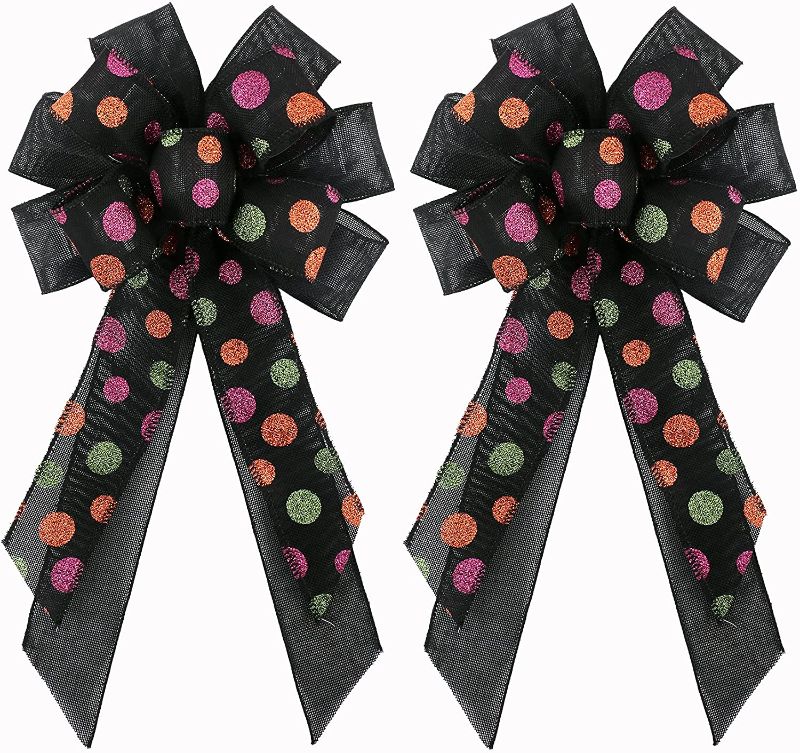 Photo 1 of 2Pcs Extra Large Halloween Wreath Bows,23x11inch Black with Orange Dot Bow Holiday Decorative Bows for Halloween Party Home Decoration