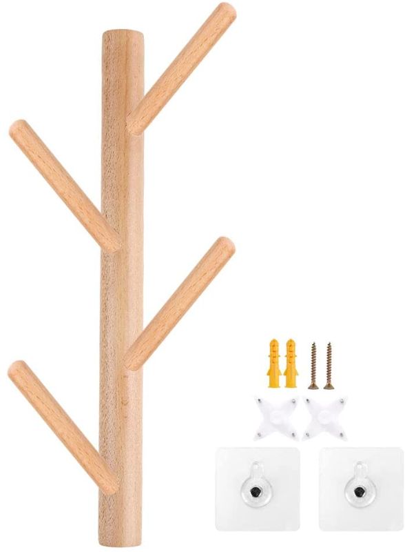 Photo 1 of Wooden Coat Rack Hat Holder - Wall-Mounted Beech-Tree Coat Hooks, Hat Organizer in Entryway Hall for Coat Hat Bag Keys. 3 install Ways(Fastest Few Seconds) (Log color)