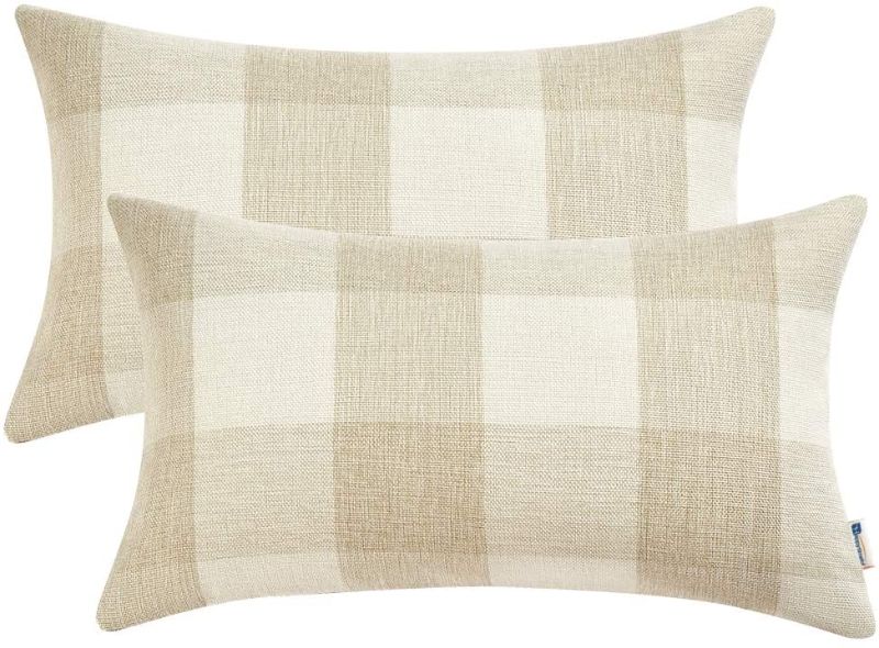 Photo 1 of Anickal Set of 2 Lumbar Beige and White Buffalo Check Plaid Pillow Covers Farmhouse Rustic Decorative Throw Pillow Covers Cushion Case 12x20 Inch for Home Sofa Couch Decor
