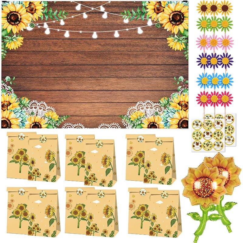 Photo 1 of 7X5 FT Sunflowers Brown Wood Backdrops for Happy Birthday Party Supplies Background Banner for Children Adult Birthday Party Photography Backdrops Combination
