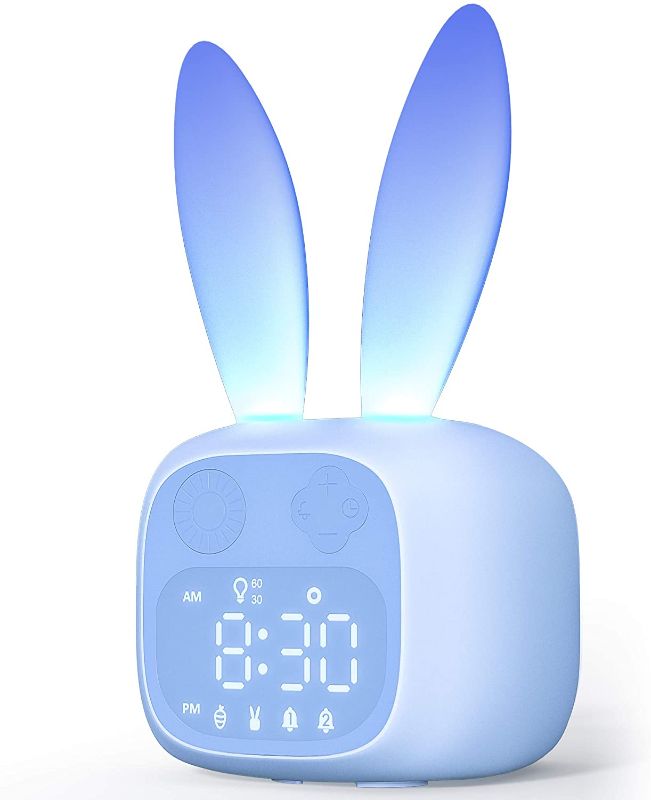 Photo 1 of Alarm Clock for Kids, Bunny Night Light Alarm Clock for Girls Boys Teens Bedroom, Children's Sleep Trainer, 6 Ringtones, Snoozing with 1800mAh Rechargeable Digital Clock Blue
