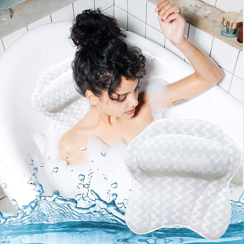 Photo 1 of Bath Pillow,Wavy Pillow Madlie Luxury White Bathtub Pillow Rest with 6 Powerful Suction Cups & Hook for Tub Neck and Back Support, Spa Pillow for Bathtub, Hot Tub Pillow
