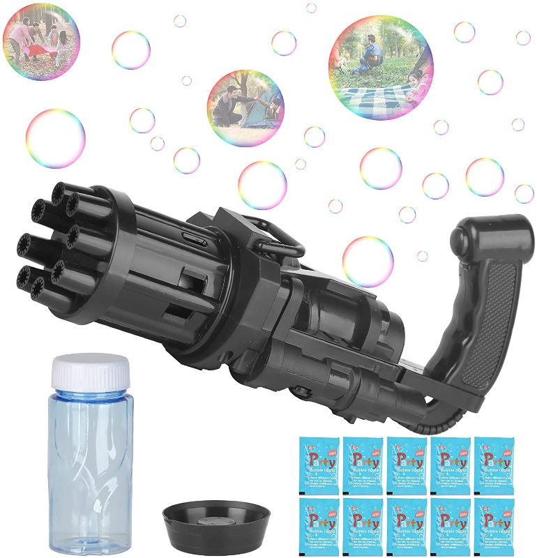 Photo 1 of HUALEDI 2021 Gatling Bubble Machine for Toddlers,Cool Automatic Gatling Bubble Gun Maker Novelty Electric Bubble Gatling Gun Outdoor Toys for Kids,Black
