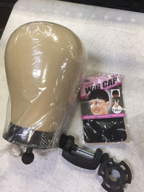 Photo 2 of Cork Canvas Block Mannequin Head For Wigs Professional Canvas Wig Block Head With Stand and Pins 22 Inch
